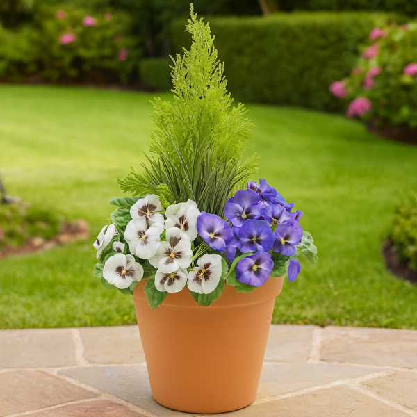 Artificial Purple & White Pansy Terracotta Patio Planter 60cm/24in - A1076
