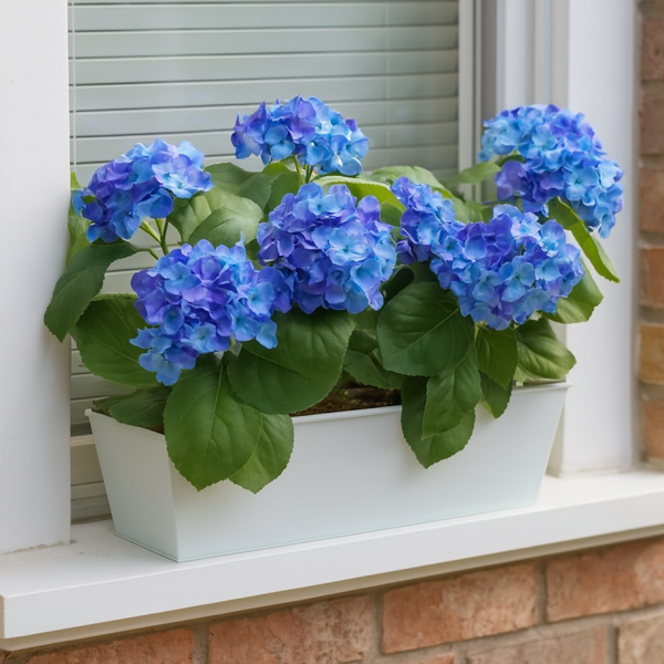 Artificial Blue Hydrangea in White Metal Window Box -A1386