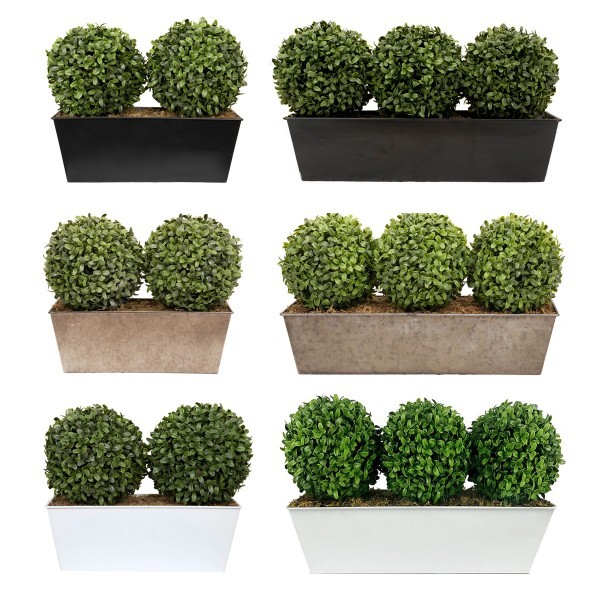 Artificial Topiary Double Ball Aglaia Boxwood in Rustic Slanted Tin Window Box 35cm/14in - A1029