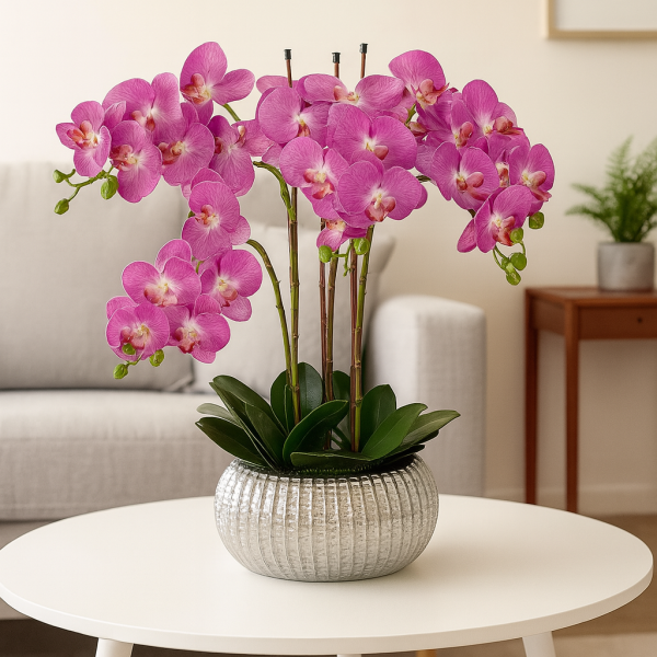 Elegant Large Six Stem Butterfly Purple Real Touch Artificial Potted Orchid (65cm) in Decorative Silver Ceramic Pot - A1319