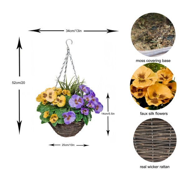 Artificial Purple & Yellow Pansy Round Rattan Hanging Basket (Set of 2) - A1010