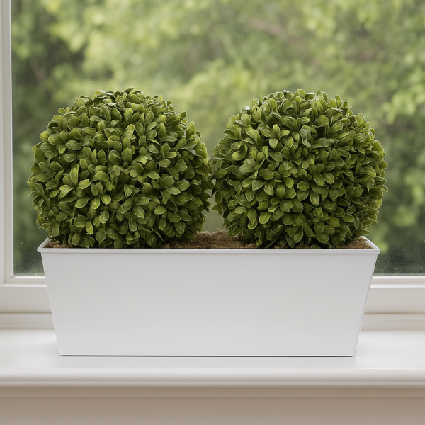 *Clearance* Artificial Topiary Double Ball Aglaia Boxwood in White Slanted Tin Window Box 35cm/14in - A1057C