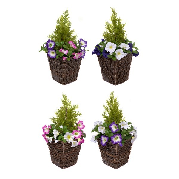 Artificial Pink & White Petunia Rattan Patio Planters 60cm/24in (Set of 2) - A1192