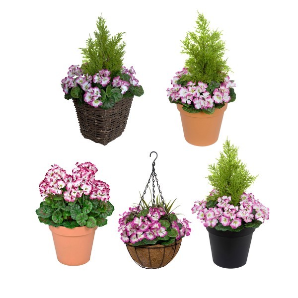 Artificial Purple Geranium Rattan Patio Planters (Set of 2) 60cm/24in - A1258