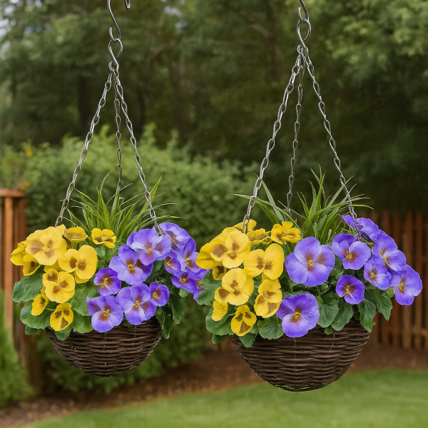 Artificial Purple & Yellow Pansy Round Rattan Hanging Basket (Set of 2) - A1010