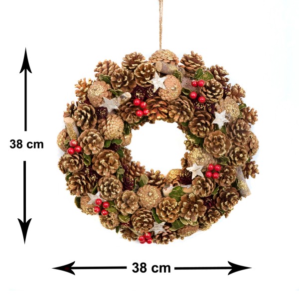 GreenBrokers Christmas Wreath 38cm Gold Pine Cones Red Berries Festive Decor D1237