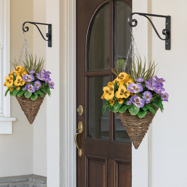 Artificial Purple & Yellow Pansy Cone Shaped Rattan Hanging Basket (Set of 2) - A1009