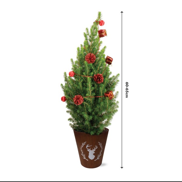 Real Living 60-65cm Picea Christmas Tree | Conifer with Red Garland & Pinecones | Festive Reindeer Design Dark Wood Pot | for Indoor & Outdoor, 60cm - GB1463