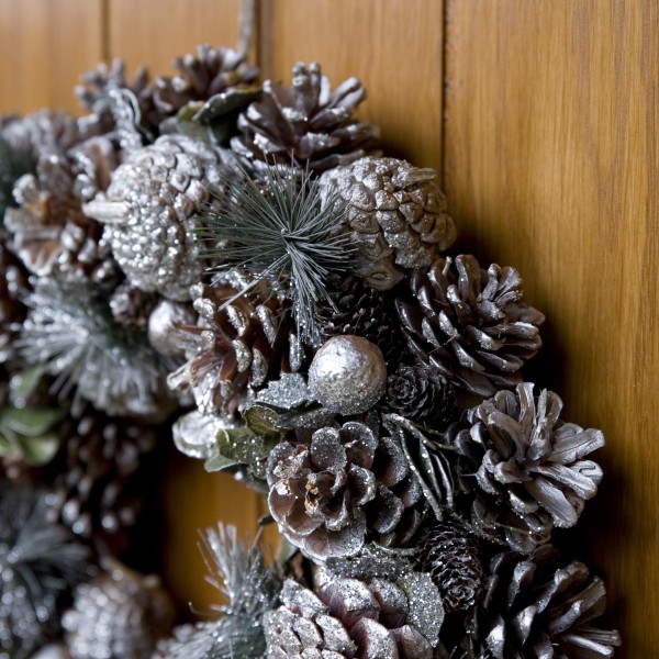 GreenBrokers Christmas Wreath 38cm Silver Pine Cones Fir Sprigs & Baubles D1231