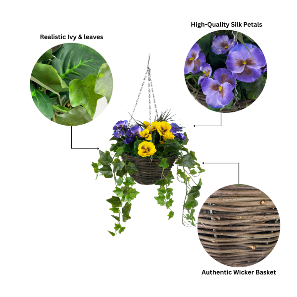 Artificial Purple & Yellow Pansy Hanging Basket with Ivy Vine (25cm)