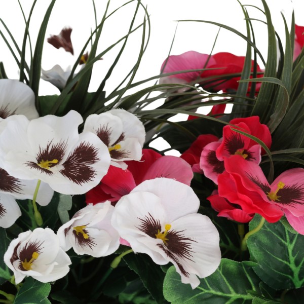 Artificial Grey Rattan 40cm Window Box with Pink & White Pansies and Decorative Grasses - A1327
