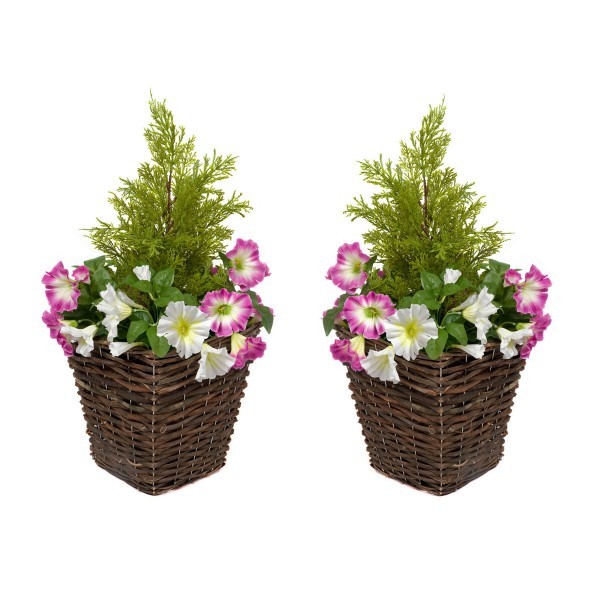 Artificial Pink & White Petunia Rattan Patio Planters 60cm/24in (Set of 2) - A1192