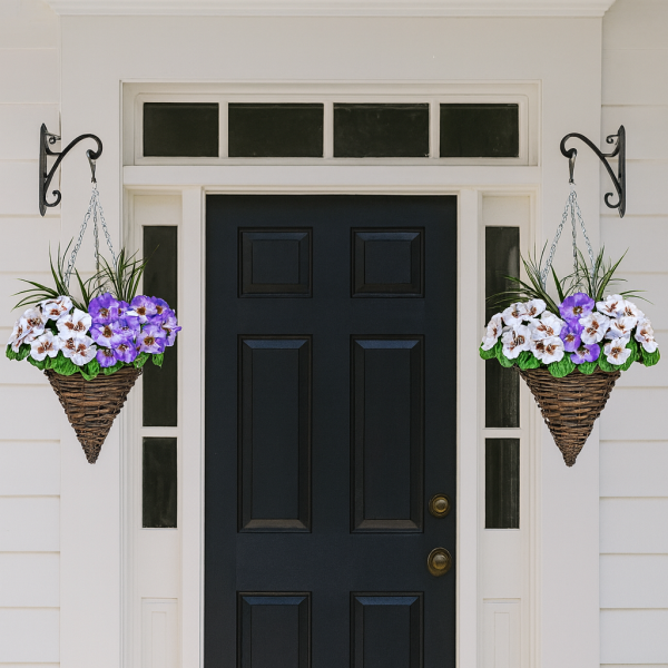 Artificial Purple & White Pansy Cone Shaped Rattan Hanging Basket (Set of 2) - A1011