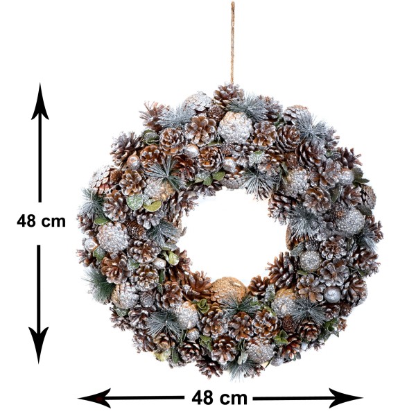GreenBrokers Christmas Wreath 48cm Silver Pine Cones Fir Sprigs & Baubles D1232