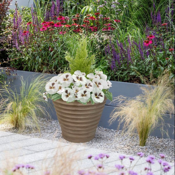 Artificial White Pansy Conifer Rattan Patio Planter  60cm/24in (Set of 2) - A1014