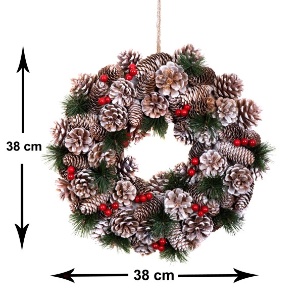 GreenBrokers Christmas Hanging Wreath 38cm Pine Cones Berries Subtle Frosting D1228