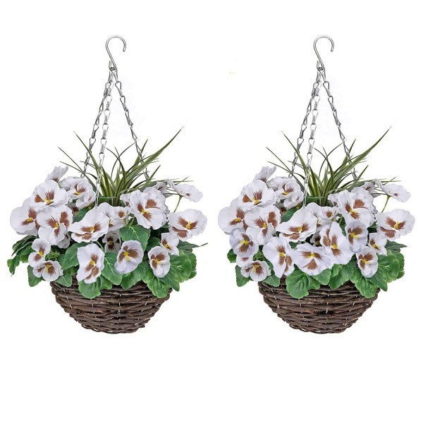 Artificial White Pansy Round Rattan Hanging Basket (Set of 2) - A1005