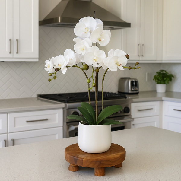 Elegant Large Triple Stem White Real Touch Artificial Potted Orchid (65cm) in Round White Ceramic Pot A1042