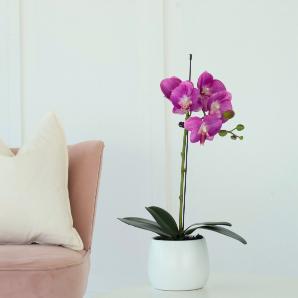 Elegant Single Stem Pink Real Touch Artificial Potted Orchid (46cm) in Round White Ceramic Pot A1072