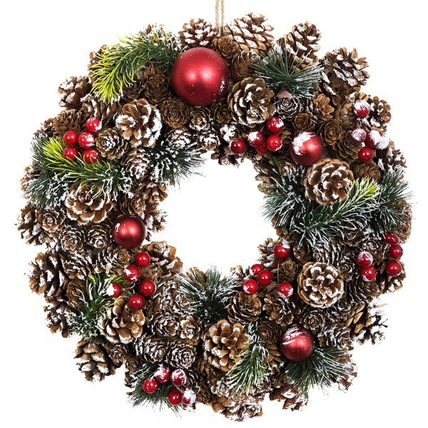 GreenBrokers Christmas Hanging Wreath 37cm Pine Cones with White Frosting D1222