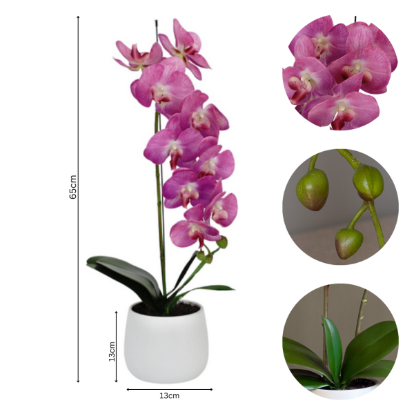 Elegant Large Single Stem Pink Real Touch Artificial Potted Orchid (65cm) in Round White Ceramic Pot - A1318
