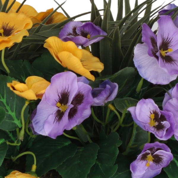 Artificial Grey Rattan 40cm Window Box with Purple & Yellow Pansies and Decorative Grasses - A1320