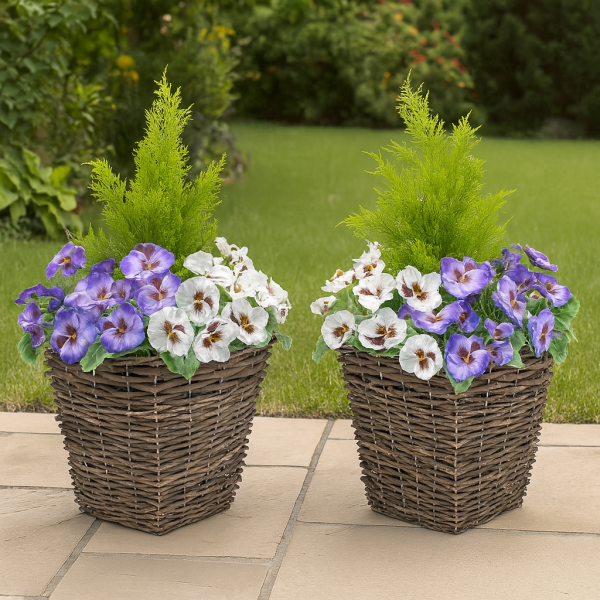 Artificial Purple & White Pansy Rattan Patio Planter 60cm/24in (Set of 2) - A1016