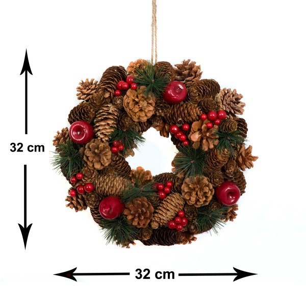 GreenBrokers Christmas Hanging Wreath 32cm Festive Pine Cones & Red Berries D1224