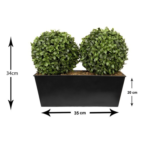 Artificial Topiary Double Ball Aglaia Boxwood in Black Slanted Tin Window Box 35cm/14in