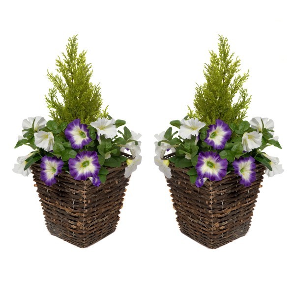 Artificial Purple & White Petunia Rattan Patio Planters 60cm/24in (Set of 2) - A1193