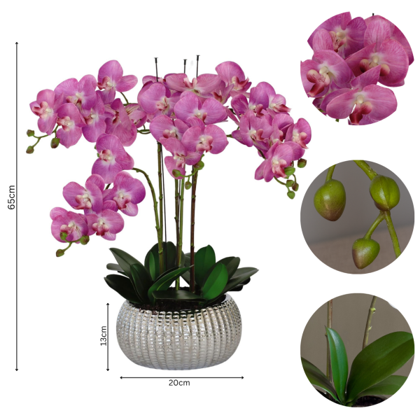 Elegant Large Six Stem Butterfly Purple Real Touch Artificial Potted Orchid (65cm) in Decorative Silver Ceramic Pot - A1319