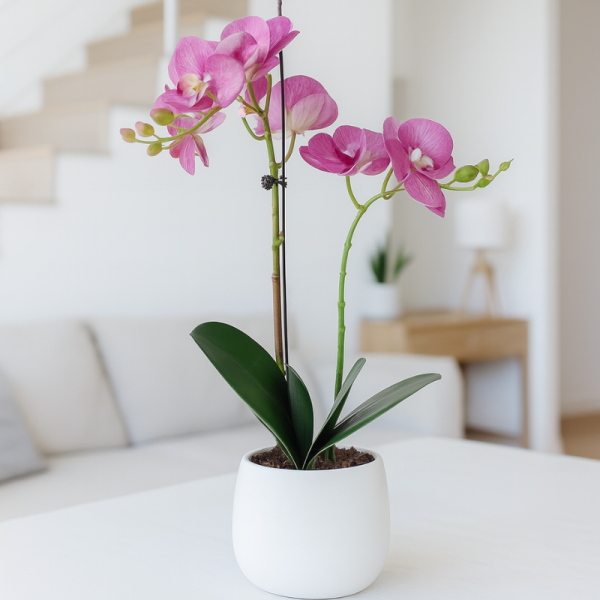 Elegant Double Stem Pink Real Touch Artificial Potted Orchid (46cm) in Round White Ceramic Pot A1179