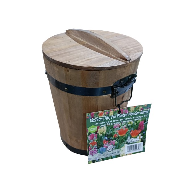 Pre-Planted Wooden Barrel Planter | 30 Red & Yellow Spring Flowering Bulbs | Just Add Water | 18x23cm | Peat-Free Compost | Bee-Friendly Mix - GB1342