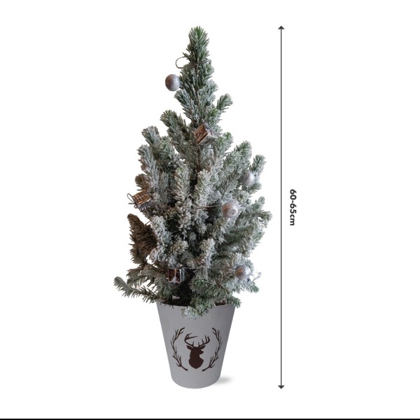 Real Living 60-65cm Picea Christmas Tree | Conifer Garland & Pinecones | Festive Reindeer Design White Wood Pot | for Indoor & Outdoor, Silver with Snow, 60cm - GB1465