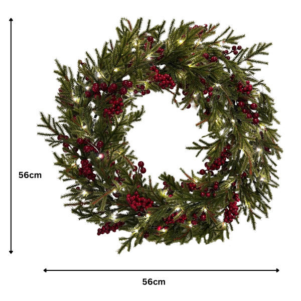 GreenBrokers Pre-Lit Christmas Wreath with Pine Effect Foliage & Red Berries D1336