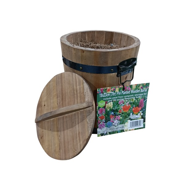 Pre-Planted Wooden Barrel Planter | 30 Red & Yellow Spring Flowering Bulbs | Just Add Water | 18x23cm | Peat-Free Compost | Bee-Friendly Mix - GB1342