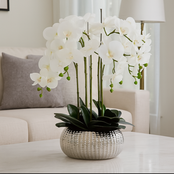 Elegant Large Six Stem Butterfly White Real Touch Artificial Potted Orchid (65cm) in Decorative Silver Ceramic Pot A1044