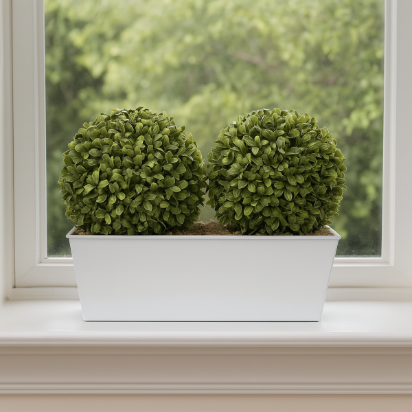 Artificial Topiary Double Ball Aglaia Boxwood in White Slanted Tin Window Box 35cm/14in - A1057