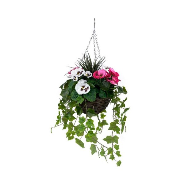Artificial Pink and White Pansy Hanging Basket with Ivy (25cm)