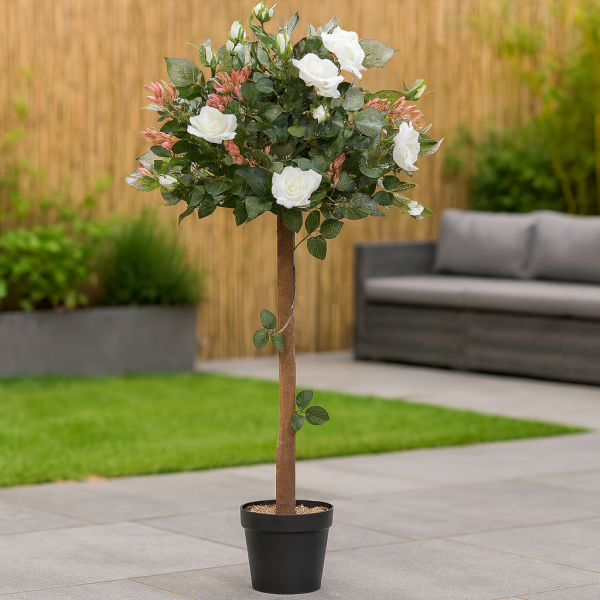 Artificial White Rose Tree 30 Flowers 120cm/4ft - A1406