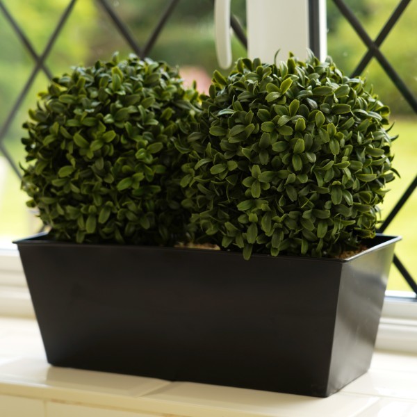 Artificial Topiary Double Ball Aglaia Boxwood in Black Slanted Tin Window Box 35cm/14in