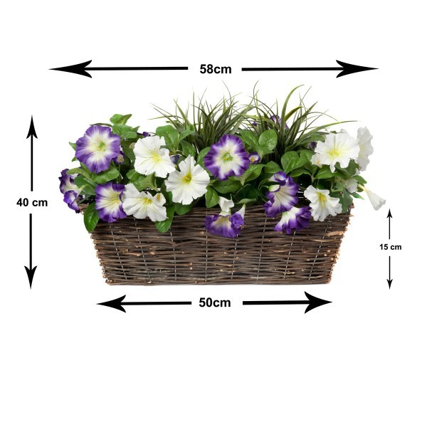 Artificial Purple & White Petunia Rattan Window Box 58cm/23in - A1197