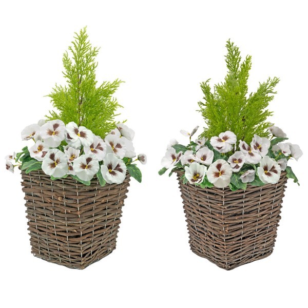 Artificial White Pansy Conifer Rattan Patio Planter  60cm/24in (Set of 2) - A1014