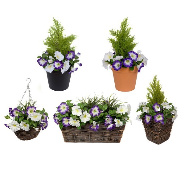 Artificial Purple & White Petunia Rattan Patio Planters 60cm/24in (Set of 2) - A1193