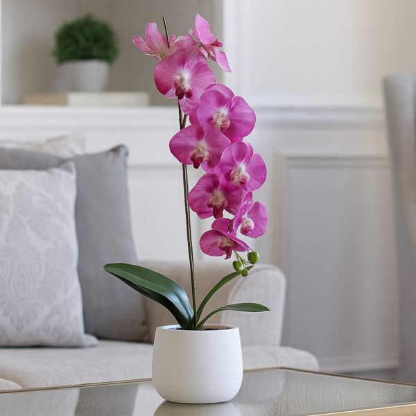 Elegant Large Single Stem Pink Real Touch Artificial Potted Orchid (65cm) in Round White Ceramic Pot - A1318