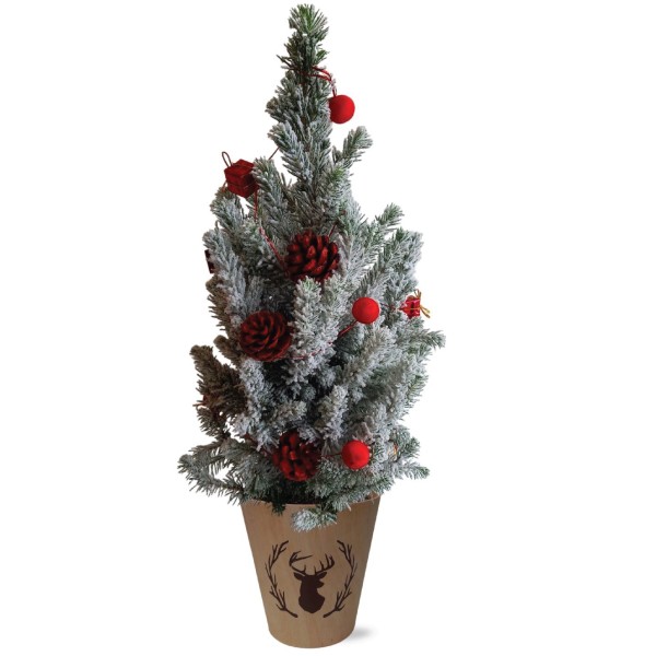 Real Living 60-65cm Picea Christmas Tree | Conifer Garland & Pinecones | Festive Reindeer Design Wood Pot | For Indoor & Outdoor, Red with Snow, 60cm - GB1466