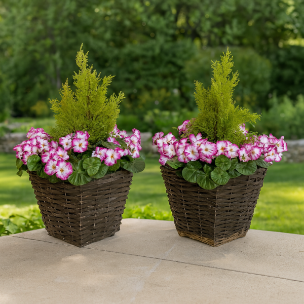 Artificial Purple Geranium Rattan Patio Planters (Set of 2) 60cm/24in - A1258