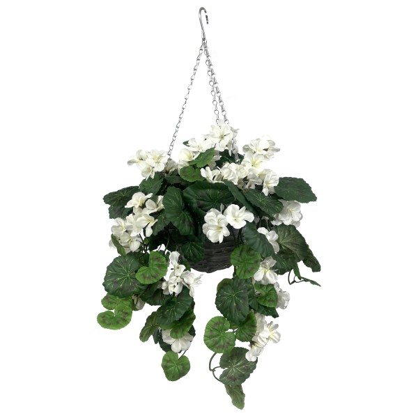 Artificial White Geranium Grey Rattan Hanging Basket with Vine (25cm) - A1449