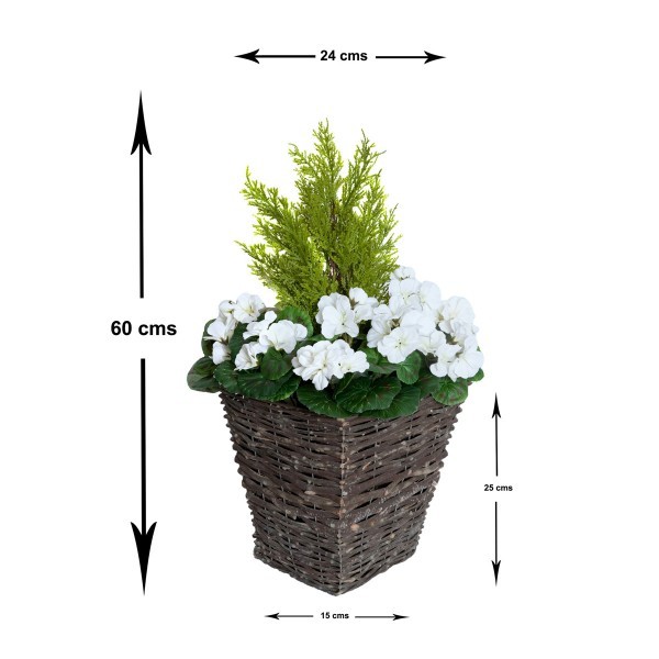 Artificial White Geranium Rattan Patio Planters (Set of 2) 60cm/24in - A1259