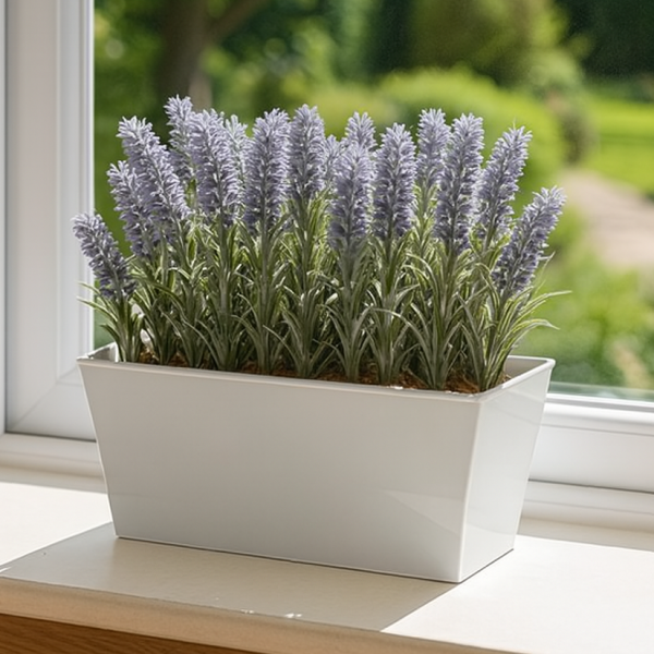 *Clearance* Artificial Lavender Tin White Planter Window Box 30cm/12in - A1027C